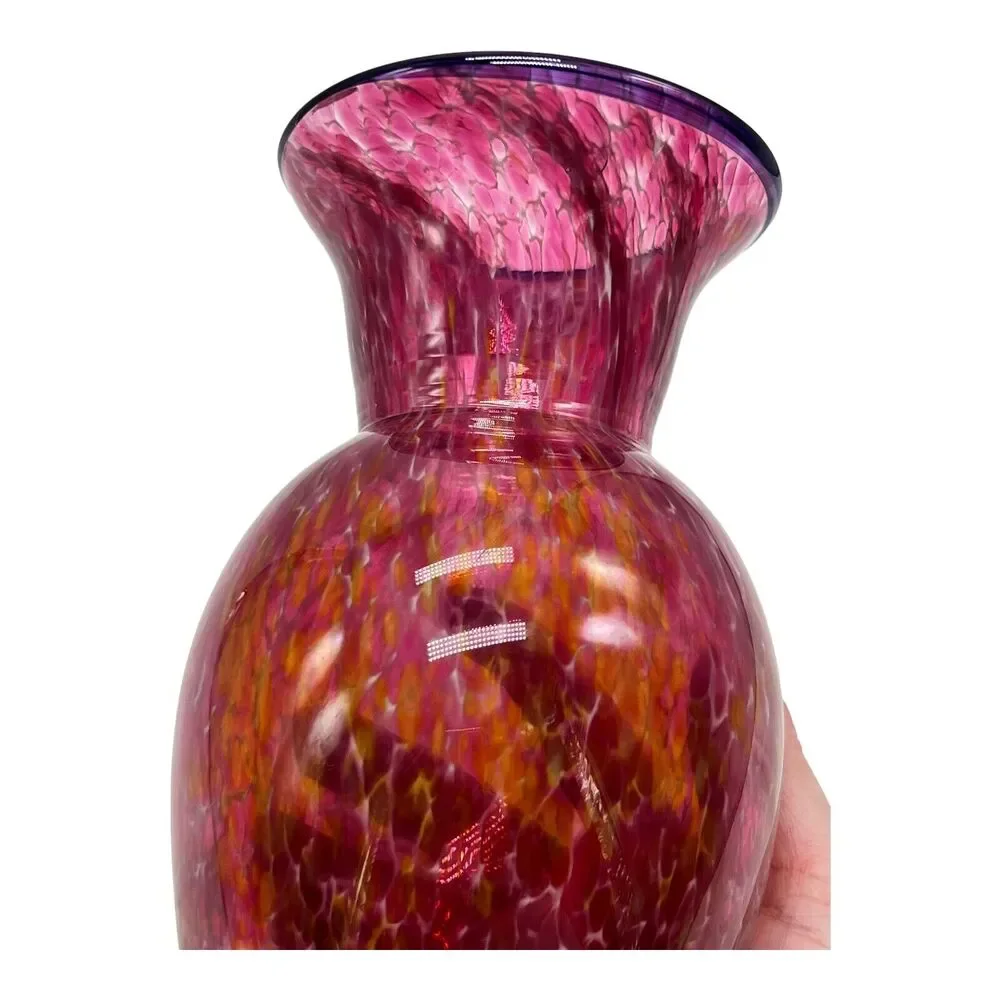 Cranberry Art Glass Confetti Vase‎ Hand Blown Tortoise Marbled Signed Brubaker